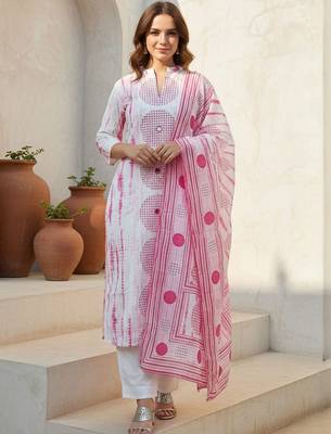 Floral Printed Notch Mandarin Collar Cotton Kurta With Trousers & Dupatta 6
