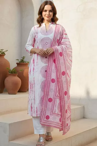 Floral Printed Notch Mandarin Collar Cotton Kurta With Trousers & Dupatta