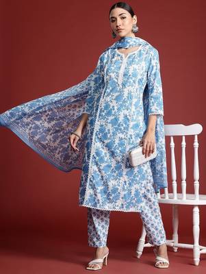 Floral Printed Panelled Beads & Stones Pure Cotton Kurta With Trousers & Dupatta 1