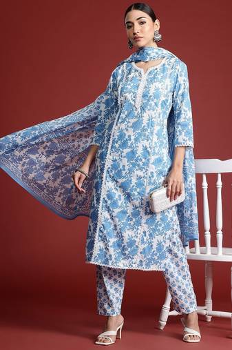 Floral Printed Panelled Beads & Stones Pure Cotton Kurta With Trousers & Dupatta