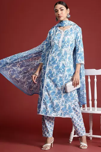 Floral Printed Panelled Beads & Stones Pure Cotton Kurta With Trousers & Dupatta