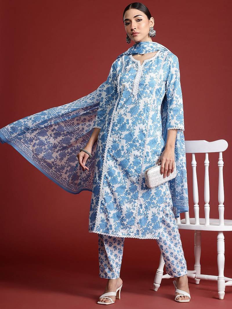 Floral Printed Panelled Beads & Stones Pure Cotton Kurta With Trousers & Dupatta