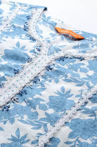 Floral Printed Panelled Beads & Stones Pure Cotton Kurta With Trousers & Dupatta