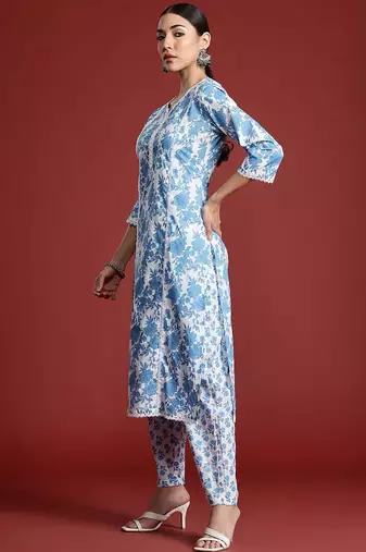 Floral Printed Panelled Beads & Stones Pure Cotton Kurta With Trousers & Dupatta
