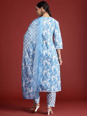 Floral Printed Panelled Beads & Stones Pure Cotton Kurta With Trousers & Dupatta 6
