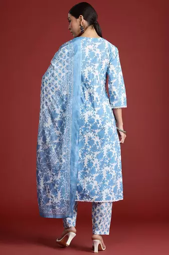 Floral Printed Panelled Beads & Stones Pure Cotton Kurta With Trousers & Dupatta