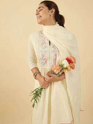 Floral Embroidered Mandarin Collar A Line Pure Cotton Kurta With Trouser &Dupatta 2