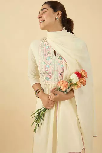 floral embroidered mandarin collar a line  cotton kurta with trouser &dupatta