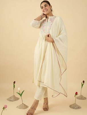 Floral Embroidered Mandarin Collar A Line Pure Cotton Kurta With Trouser &Dupatta 1