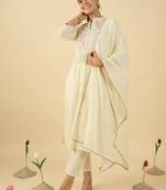 Floral Embroidered Mandarin Collar A Line Pure Cotton Kurta With Trouser &Dupatta