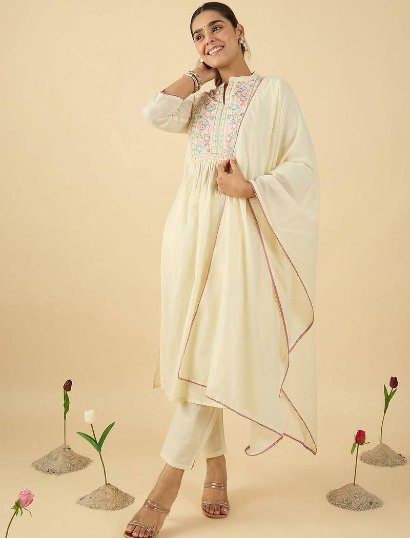 Floral Embroidered Mandarin Collar A Line Pure Cotton Kurta With Trouser &Dupatta