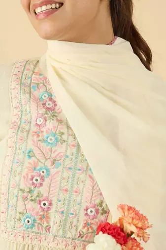 floral embroidered mandarin collar a line  cotton kurta with trouser &dupatta