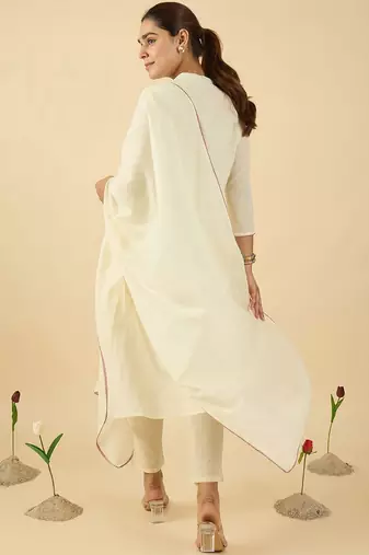 floral embroidered mandarin collar a line  cotton kurta with trouser &dupatta