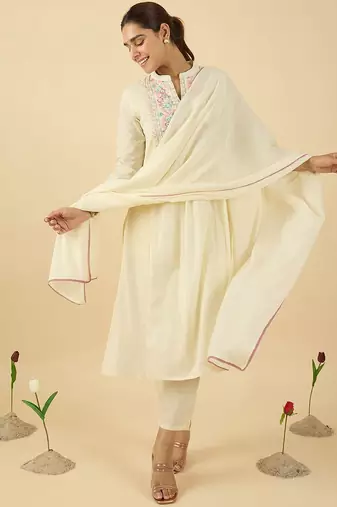 floral embroidered mandarin collar a line  cotton kurta with trouser &dupatta