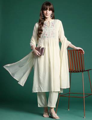 Floral Embroidered Panelled Thread Work Pure Cotton Kurta With Trousers & Dupatta 1