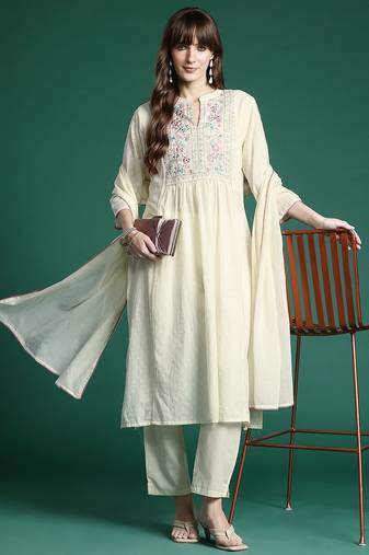 floral embroidered panelled thread work  cotton kurta with trousers & dupatta