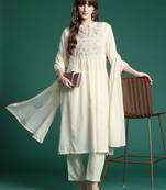 Floral Embroidered Panelled Thread Work Pure Cotton Kurta With Trousers & Dupatta