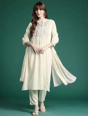 Floral Embroidered Panelled Thread Work Pure Cotton Kurta With Trousers & Dupatta 6
