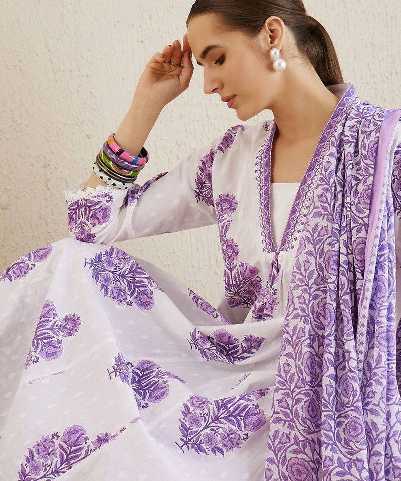 V-Neck Floral Printed Panelled Pure Cotton Kurta Set