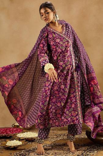 Purple Floral Printed Angrakha V-Neck Thread Work Pure Cotton A-Line Kurta Set
