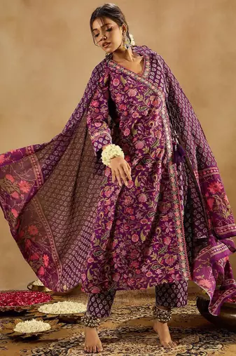 Purple Floral Printed Angrakha V-Neck Thread Work Pure Cotton A-Line Kurta Set
