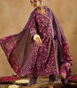 Purple Floral Printed Angrakha V-Neck Thread Work Pure Cotton A-Line Kurta Set