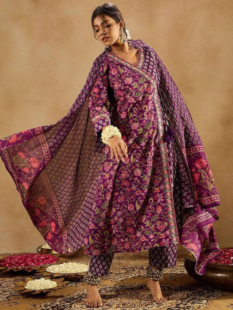 Purple Floral Printed Angrakha V-Neck Thread Work Pure Cotton A-Line Kurta Set