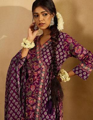 Purple Floral Printed Angrakha V-Neck Thread Work Pure Cotton A-Line Kurta Set 2