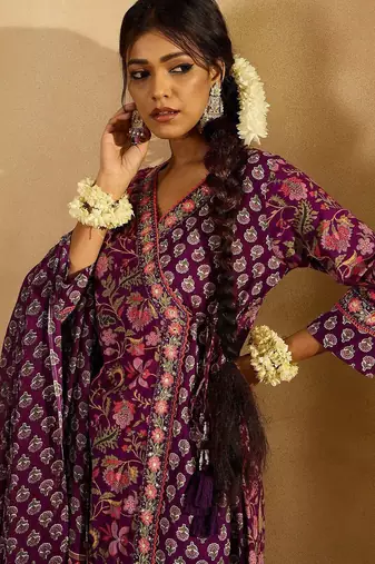 Purple Floral Printed Angrakha V-Neck Thread Work Pure Cotton A-Line Kurta Set