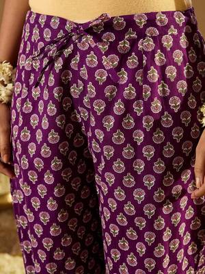 Purple Floral Printed Angrakha V-Neck Thread Work Pure Cotton A-Line Kurta Set 3