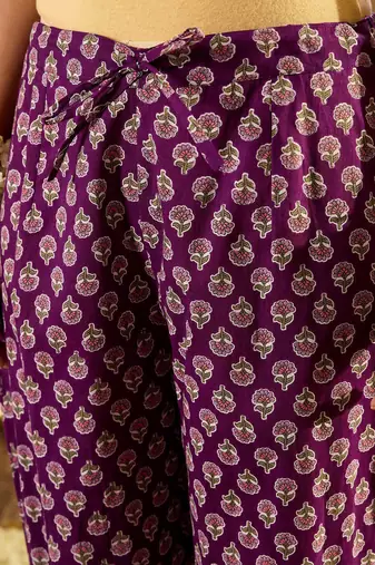 Purple Floral Printed Angrakha V-Neck Thread Work Pure Cotton A-Line Kurta Set