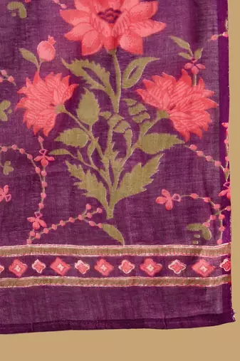 Purple Floral Printed Angrakha V-Neck Thread Work Pure Cotton A-Line Kurta Set