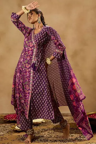 Purple Floral Printed Angrakha V-Neck Thread Work Pure Cotton A-Line Kurta Set