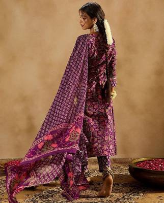 Purple Floral Printed Angrakha V-Neck Thread Work Pure Cotton A-Line Kurta Set 6