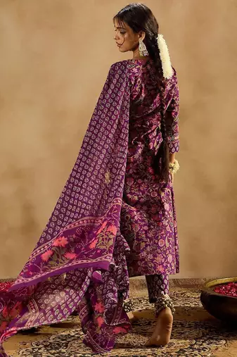 Purple Floral Printed Angrakha V-Neck Thread Work Pure Cotton A-Line Kurta Set