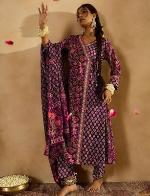 Purple Floral Printed Angrakha V-Neck Thread Work Pure Cotton A-Line Kurta Set 7