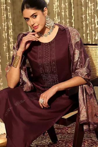 Floral Embroidered Thread Work Kurta With Trousers & Dupatta