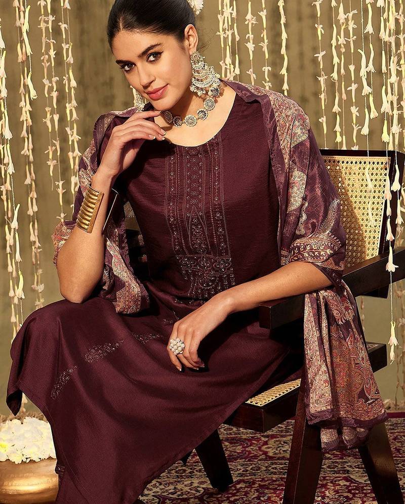 Floral Embroidered Thread Work Kurta With Trousers & Dupatta