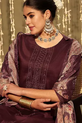 Floral Embroidered Thread Work Kurta With Trousers & Dupatta