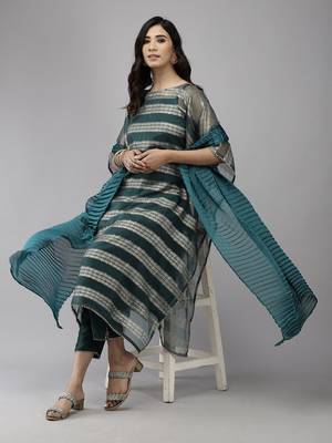 Teal Green Striped Woven Design Boat Neck Straight Kurta With Trousers & Dupatta 1