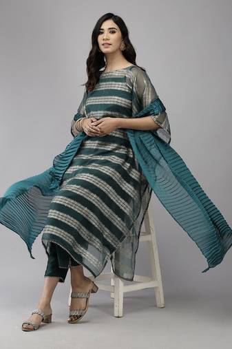 Teal Green Striped Woven Design Boat Neck Straight Kurta With Trousers & Dupatta