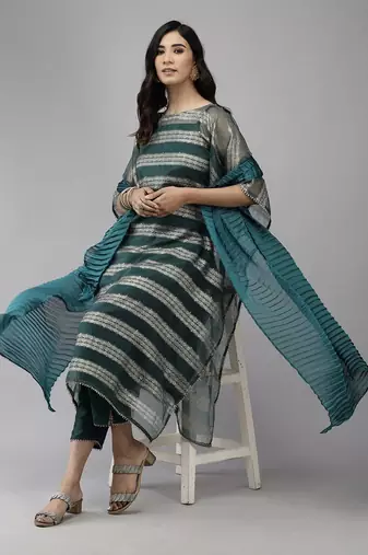 Teal Green Striped Woven Design Boat Neck Straight Kurta With Trousers & Dupatta