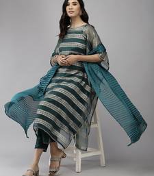 Teal Green Striped Woven Design Boat Neck Straight Kurta With Trousers & Dupatta