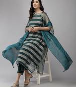Teal Green Striped Woven Design Boat Neck Straight Kurta With Trousers & Dupatta