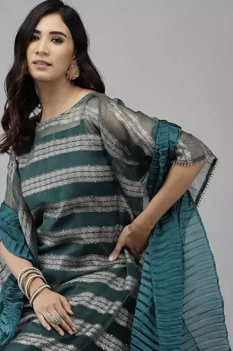 Teal Green Striped Woven Design Boat Neck Straight Kurta With Trousers & Dupatta
