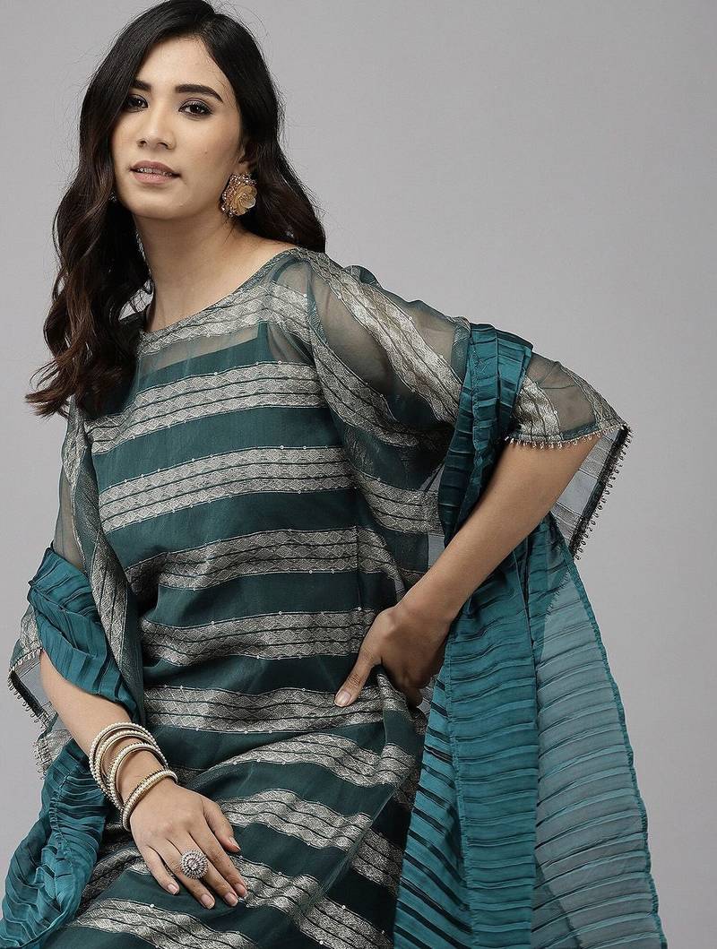 Teal Green Striped Woven Design Boat Neck Straight Kurta With Trousers & Dupatta
