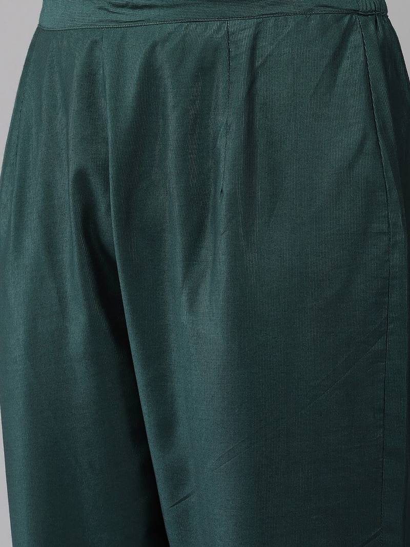 Teal Green Striped Woven Design Boat Neck Straight Kurta With Trousers & Dupatta
