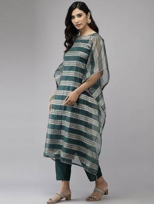 Teal Green Striped Woven Design Boat Neck Straight Kurta With Trousers & Dupatta 4