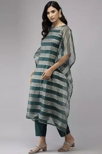 Teal Green Striped Woven Design Boat Neck Straight Kurta With Trousers & Dupatta