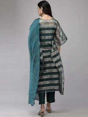 Teal Green Striped Woven Design Boat Neck Straight Kurta With Trousers & Dupatta 5